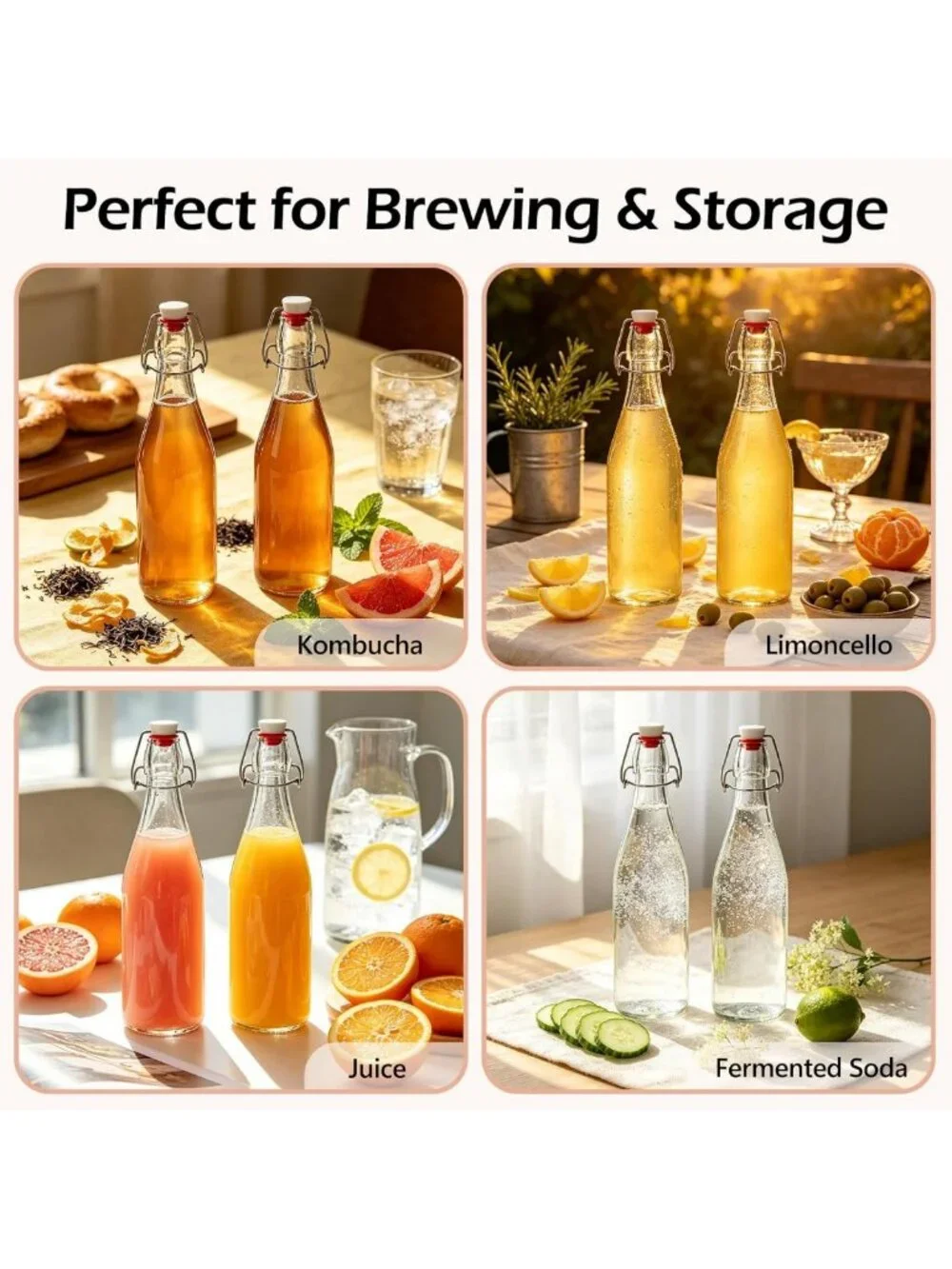 Set of 10 Swing Top Glass Bottles, 16oz with Lids - Perfect for Kombucha